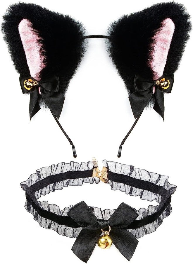 TOPPROSPER Fox Cat Ears Anime Cosplay - Animal Wolf Headwear, Halloween Headband,Headpiece Costume Accessories with Bells (Black+Necklace) - Image 1